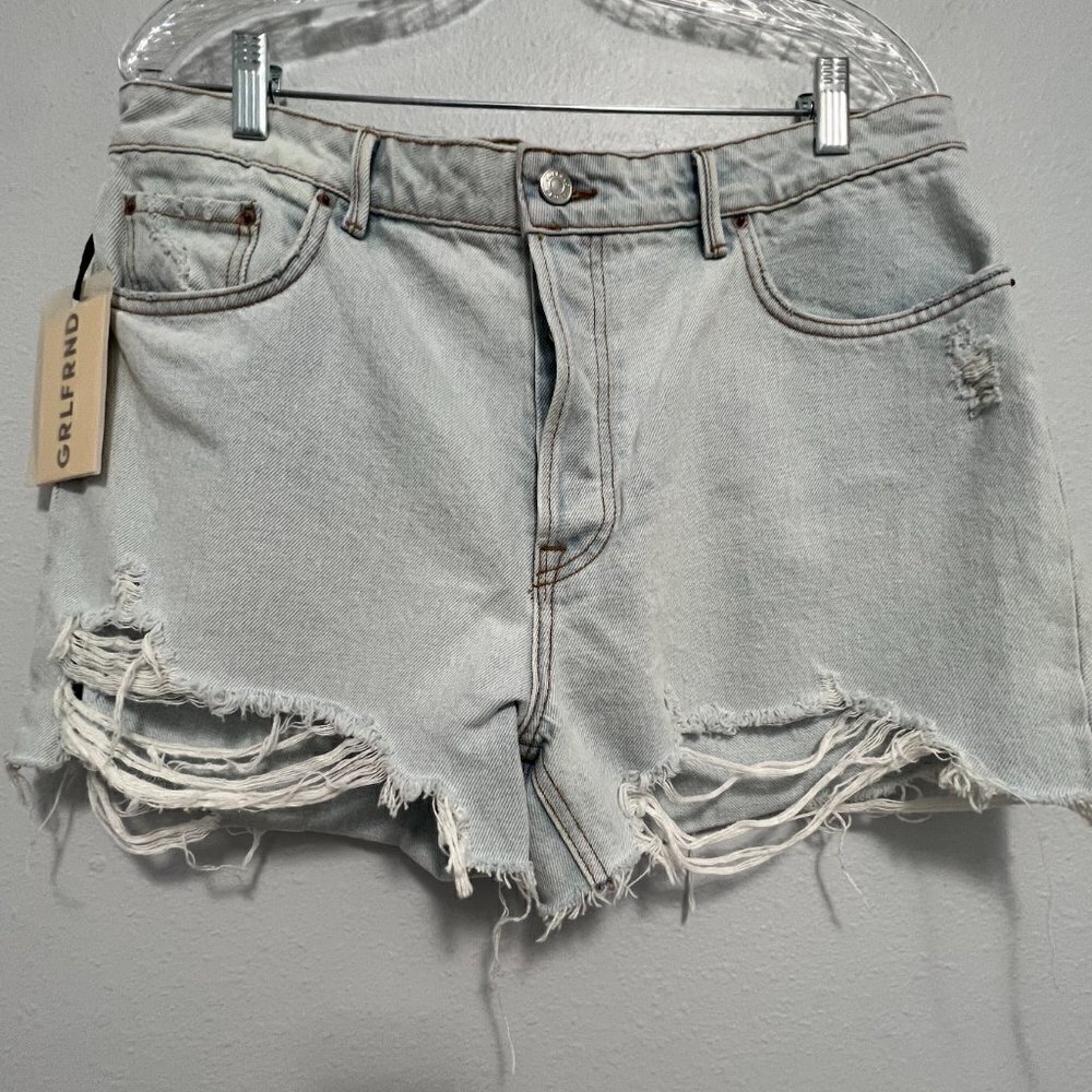 GRLFRND The Helena High Rise Cut Off Premium Denim Shorts Stressed Hem 31 NWT